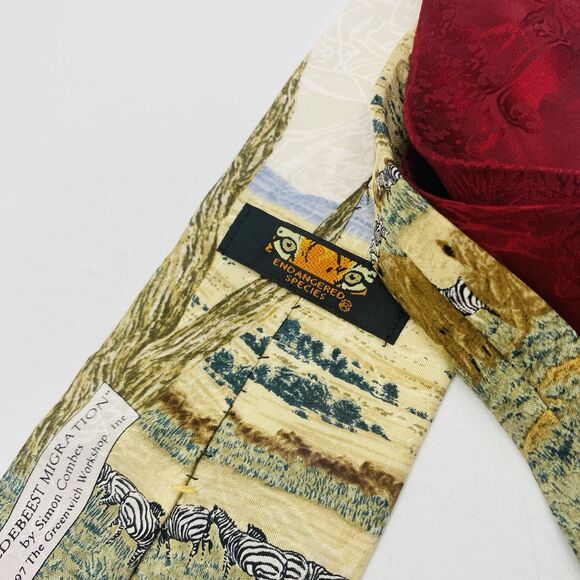 Vintage 1995 Endangered Species Men's Tie Lions & Zebras Simon Combs 100% Silk - Picture 4 of 6